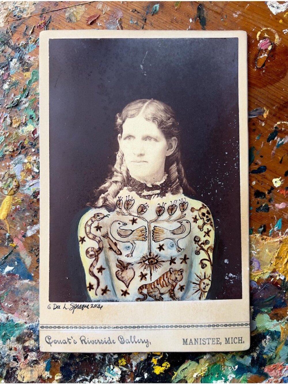 Tattooed Lady Altered Art Victorian Cabinet Card Photo Painting by Dee Sprague